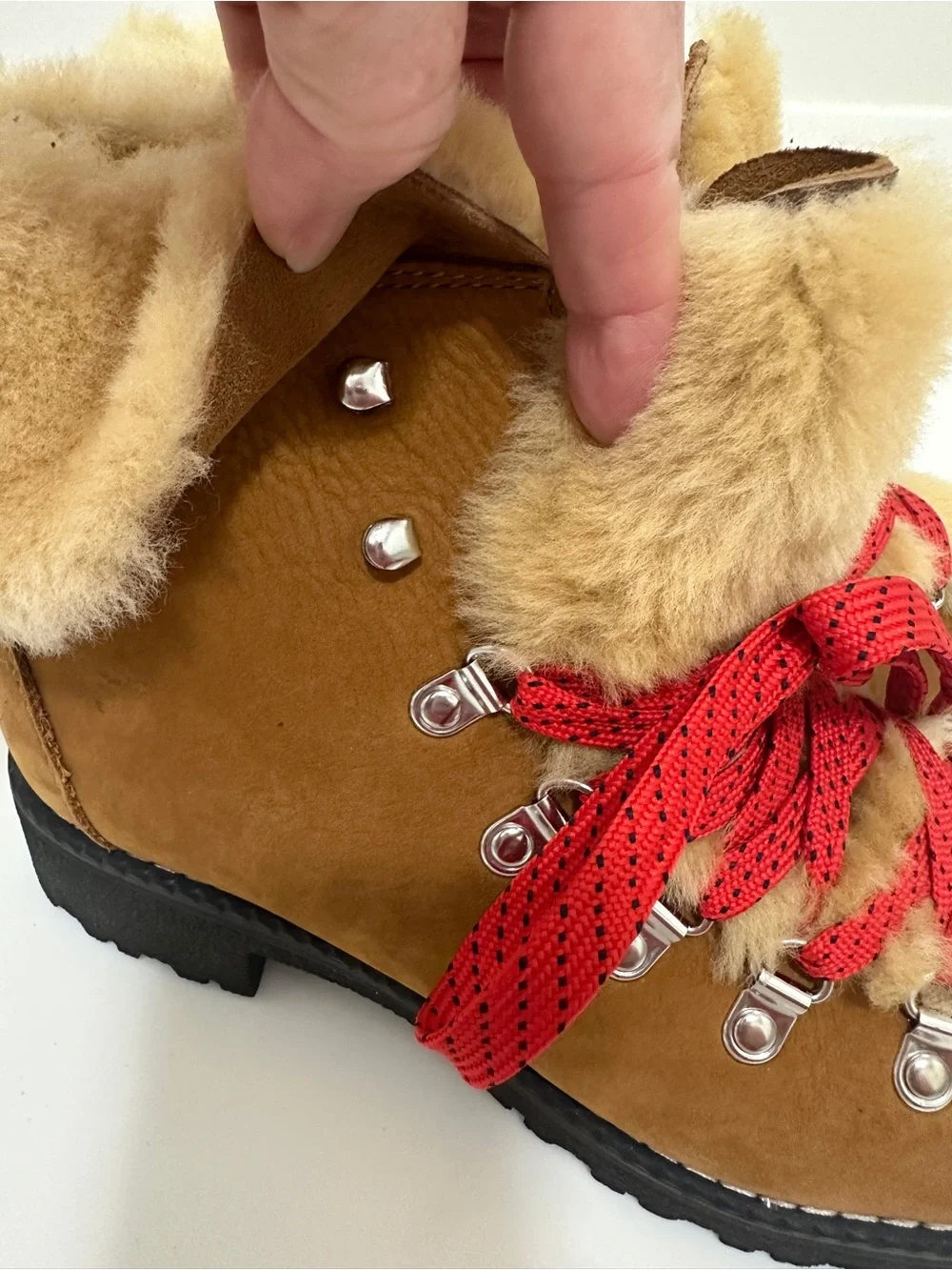 J.Crew Fur-Lined Lace-Up Boots – Tan Suede, Red Laces Size 7
